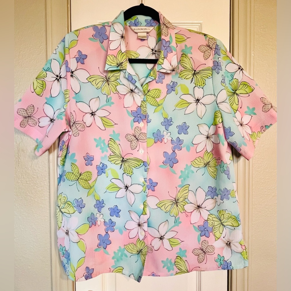 Allison Daley Women’s Floral Butterfly Hawaiian Print Blouse Size Large